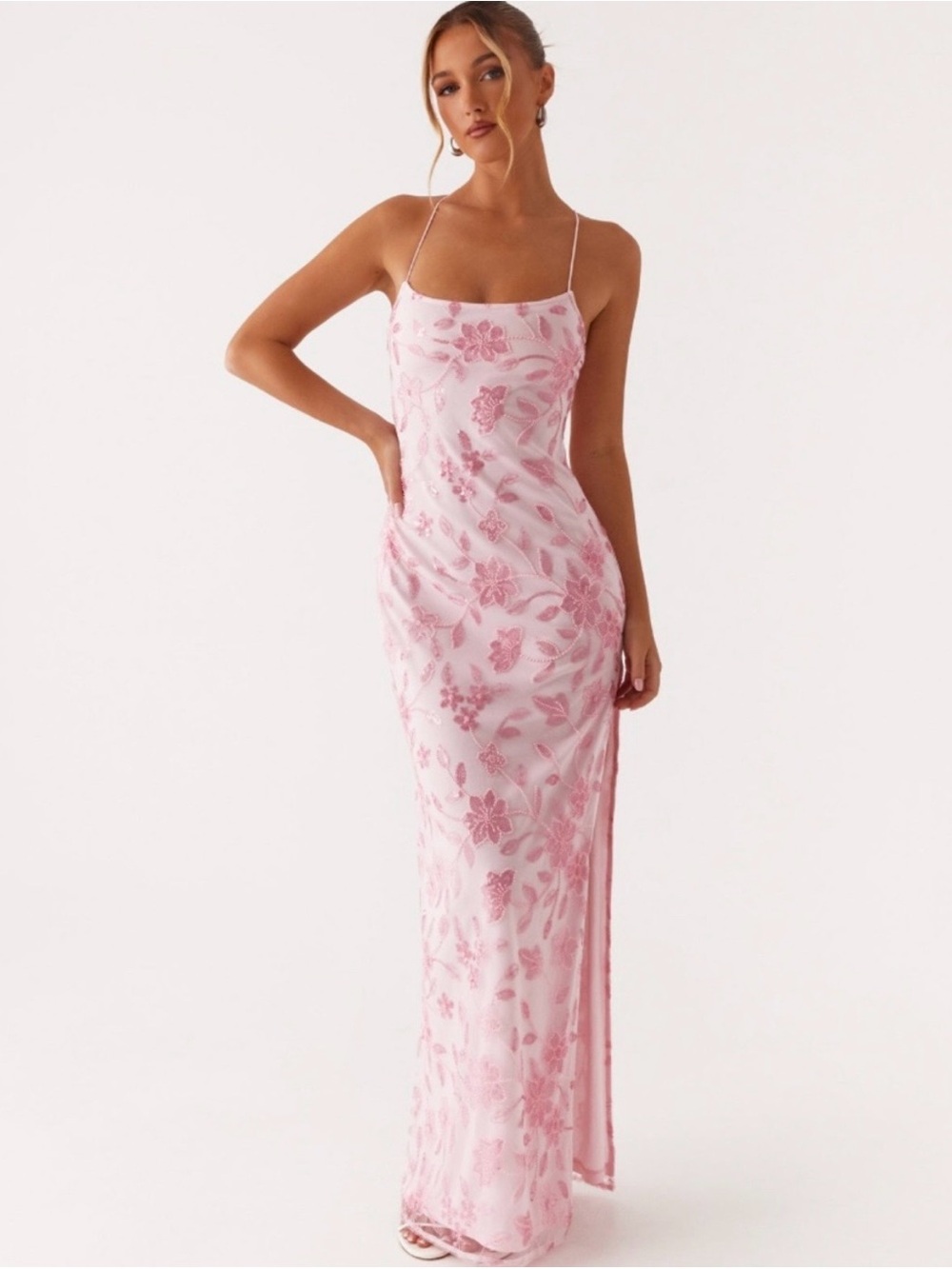 Peppermayo Pink Beaded Floral Slip Maxi Dress